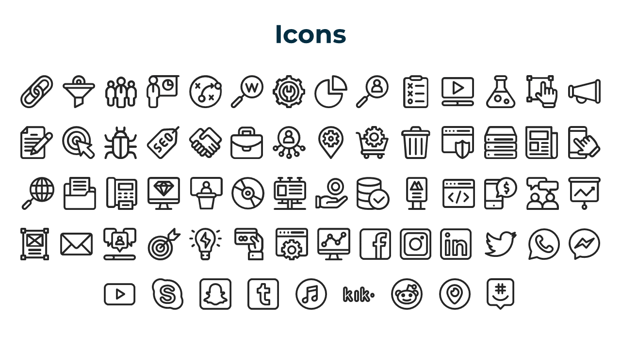 A variety of outlined icons representing business, analytics, media, and social platforms are arranged in multiple rows.