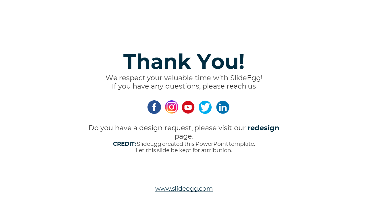 Thank you slide with SlideEgg's contact information and social media icons on a white theme.