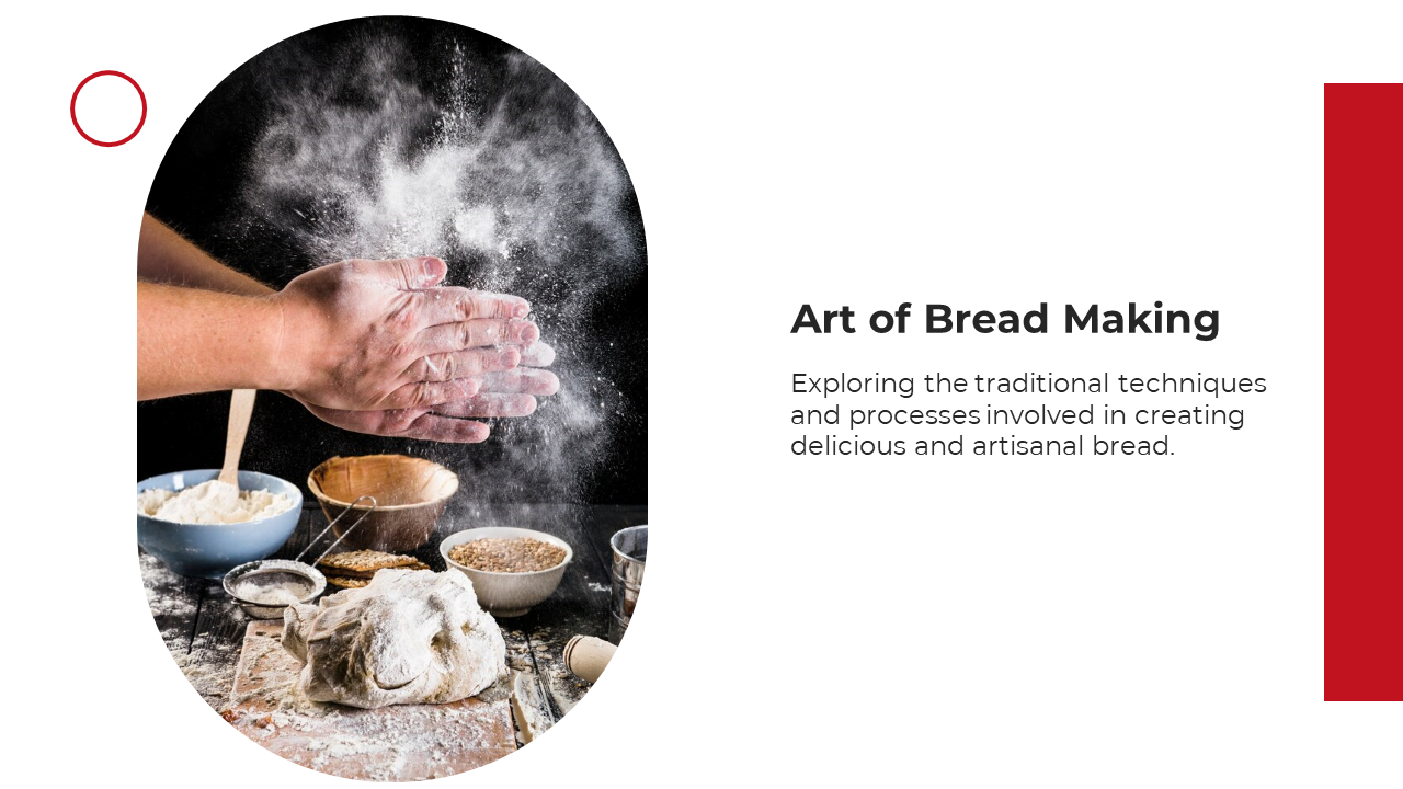 Art of bread making presentation slide showing hands kneading dough with flour and ingredients on the table on a white theme.