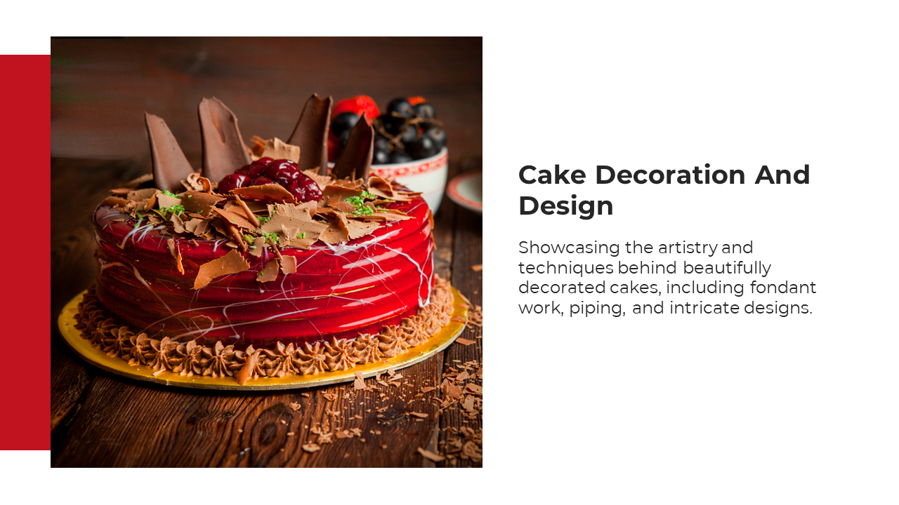 A beautifully decorated cake with chocolate shavings, fondant, and piping work, showcasing cake decoration and design.