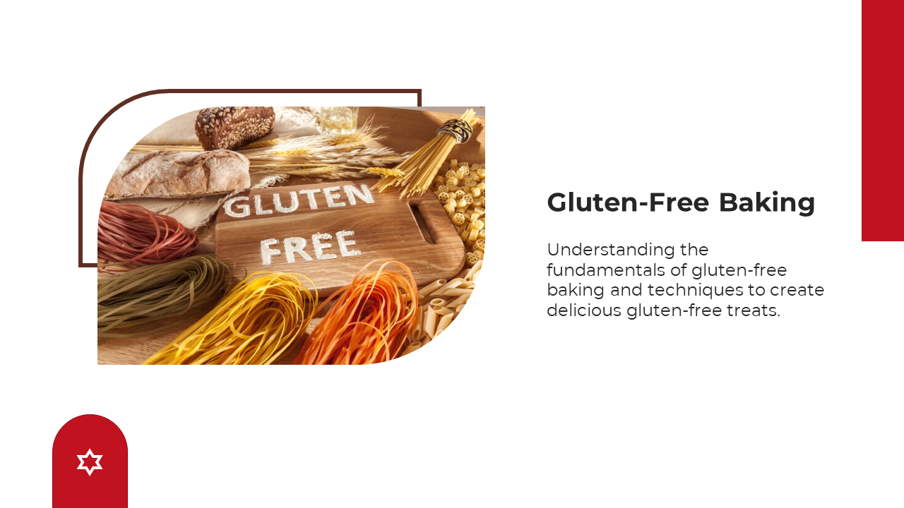 A wooden cutting board with text written on it, surrounded by gluten free pasta and various grains on a white backdrop.