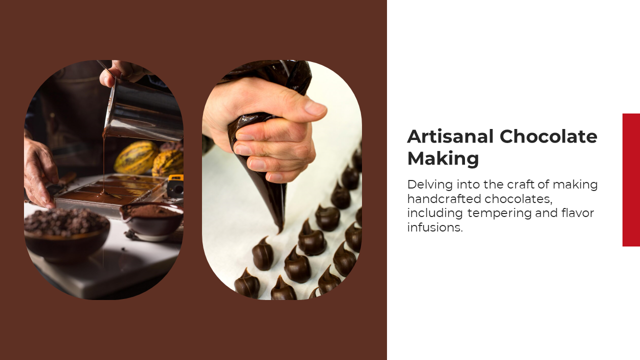 A chocolatier pouring liquid chocolate while crafting artisanal chocolates highlighting the tempering process in brown theme.