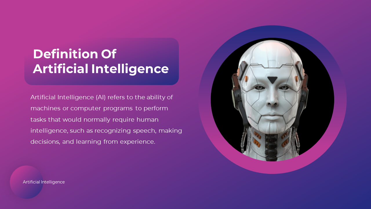 A humanoid robot with a futuristic design, illustrating the concept of Artificial Intelligence against a purple background.