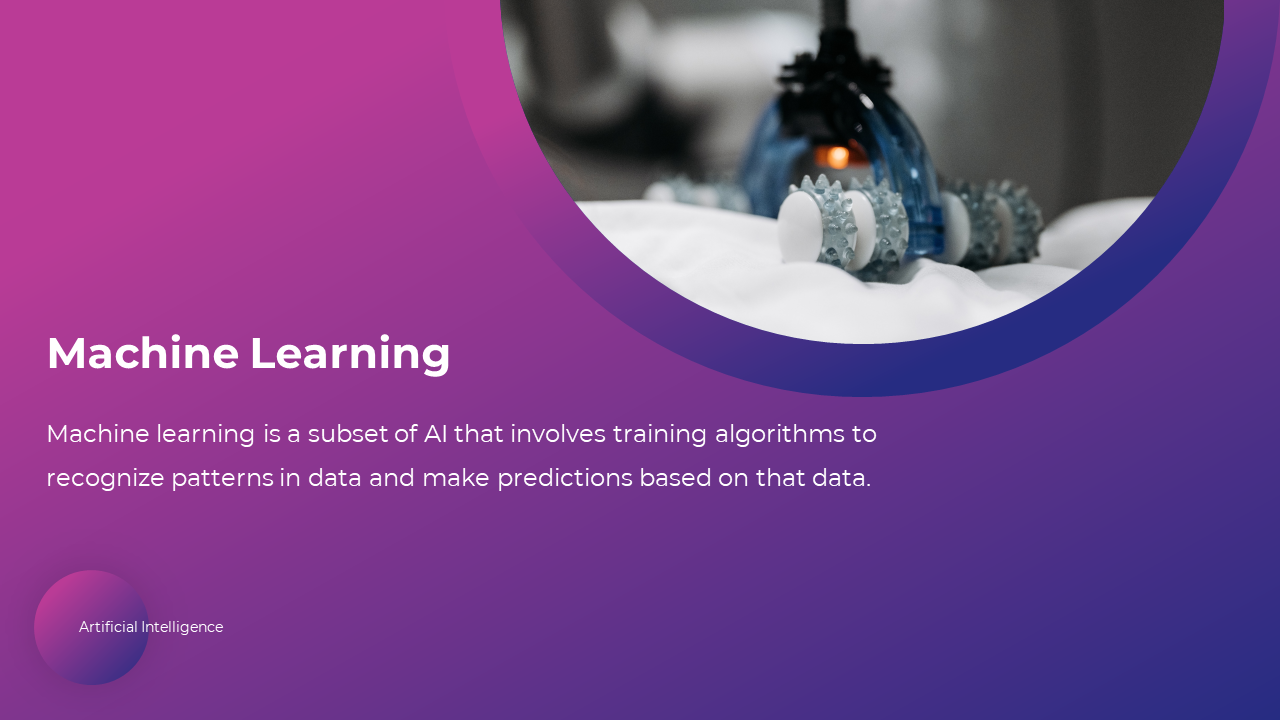 A close up of a robotic arm performing machine learning tasks, illustrating AI's ability on a purple backdrop.