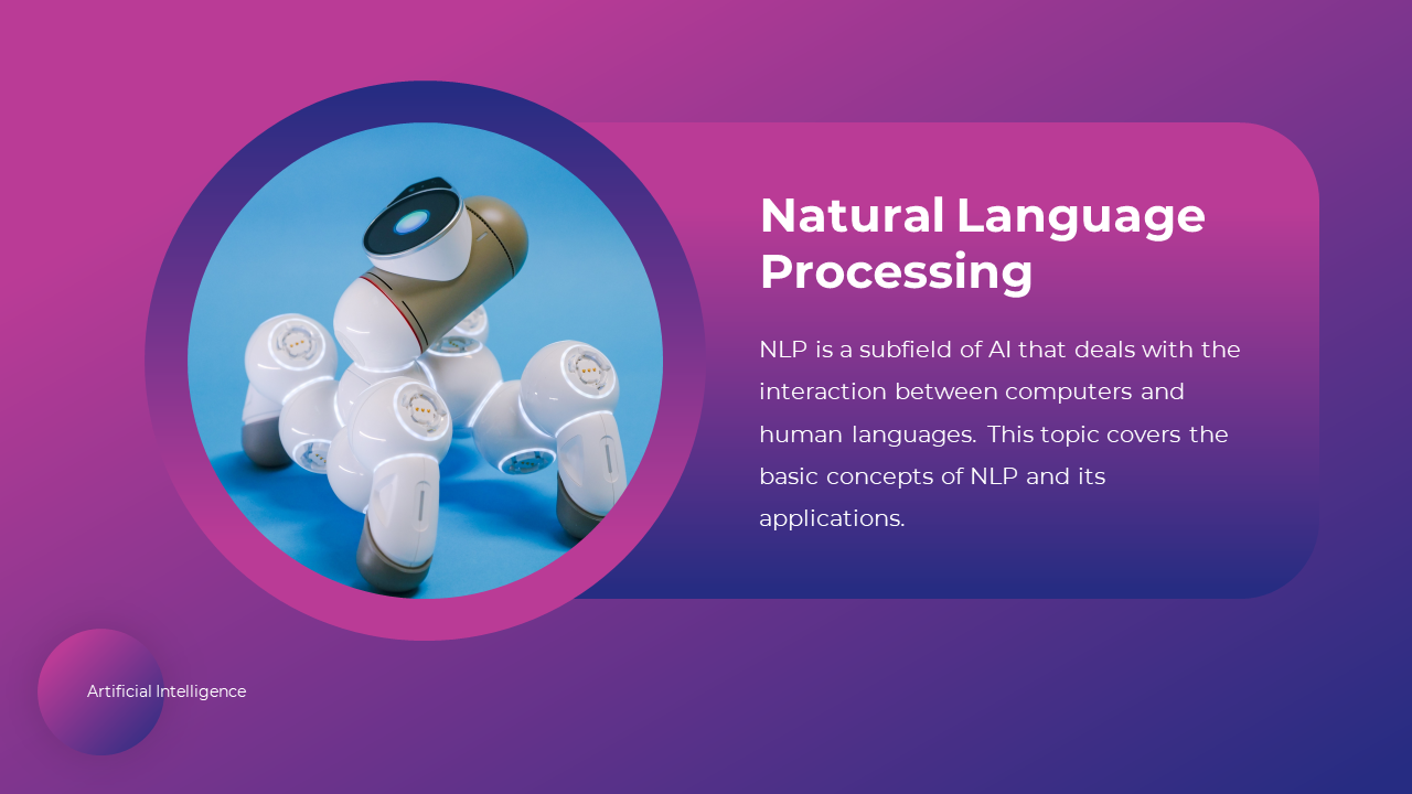 A robotic arm with a focus on natural language processing symbolizes the connection between AI and humans on a purple theme.