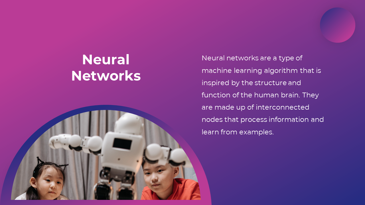 A child and robot engaging, illustrating the concept of neural networks in artificial intelligence on a purple backdrop.