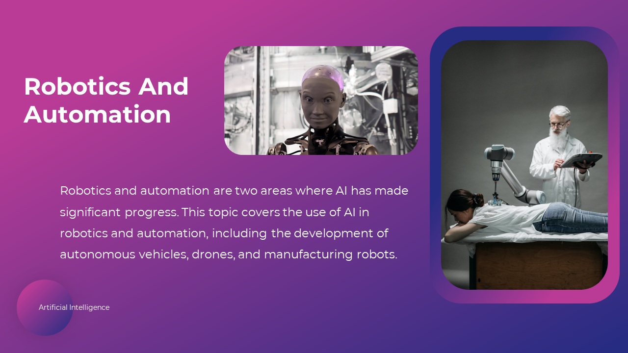 A robot and scientist working in the fields of robotics and automation, highlighting AI's role on a purple backdrop.