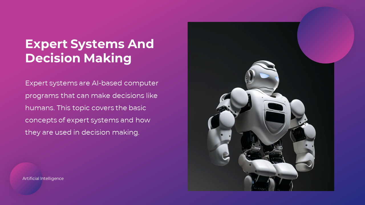 A humanoid robot representing the concept of expert systems in AI on a purple backdrop.