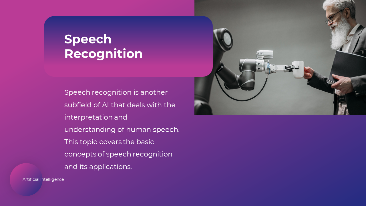 A robot performing speech recognition, interacting with a human by handing over a cup on a purple backdrop.