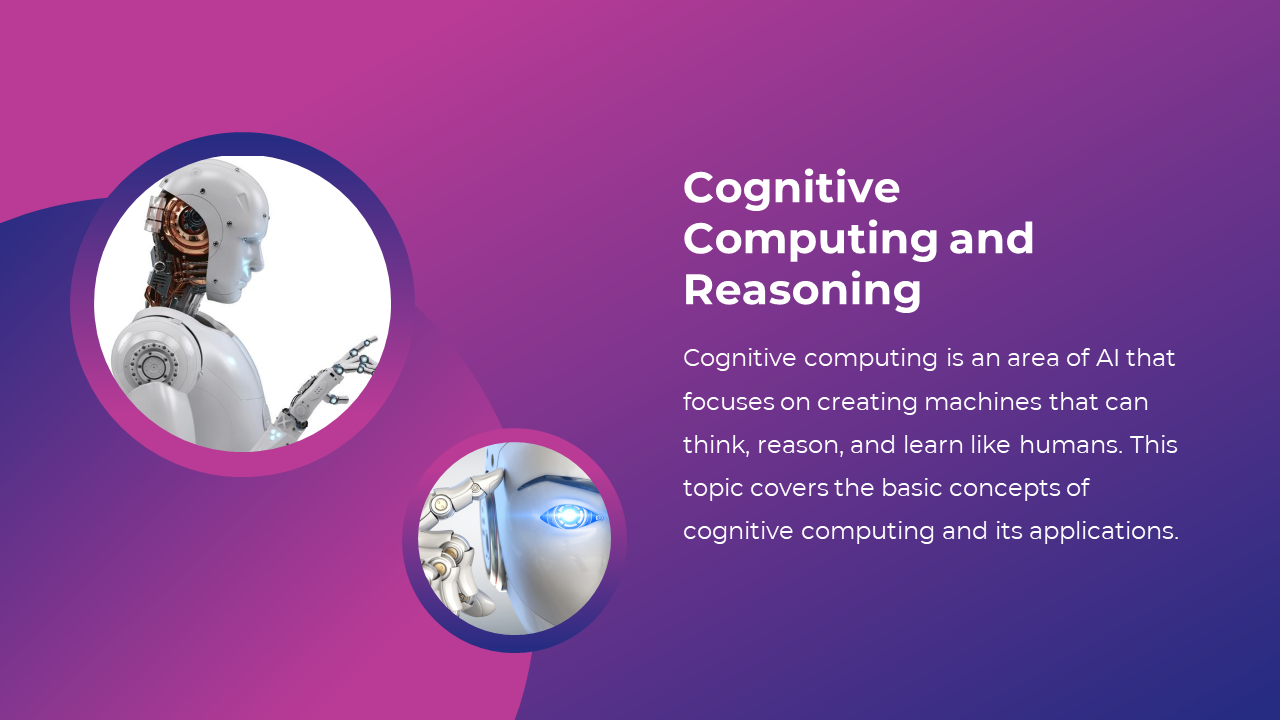 A robot demonstrating cognitive computing, focusing on its ability to think and reason on a purple backdrop.