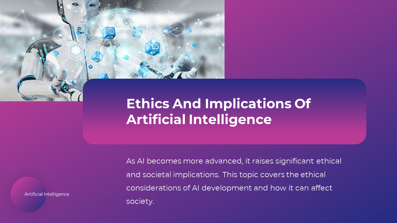 A robot surrounded by digital data symbolizes the ethical considerations and societal implications of AI in purple backdrop.