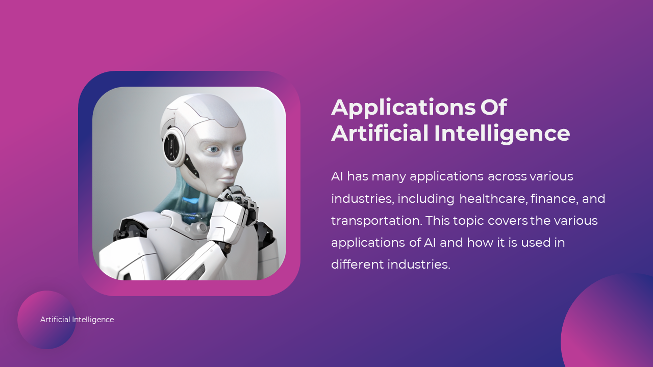 A humanoid robot, showcasing the vast range of applications of Artificial Intelligence in diverse fields on purple backdrop.