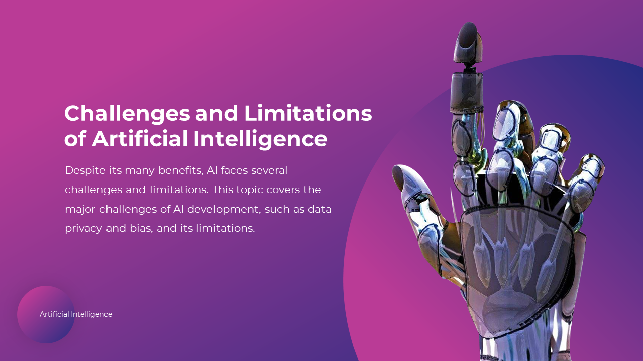 A futuristic AI robotic hand, highlighting the challenges and limitations of AI development on a purple backdrop.