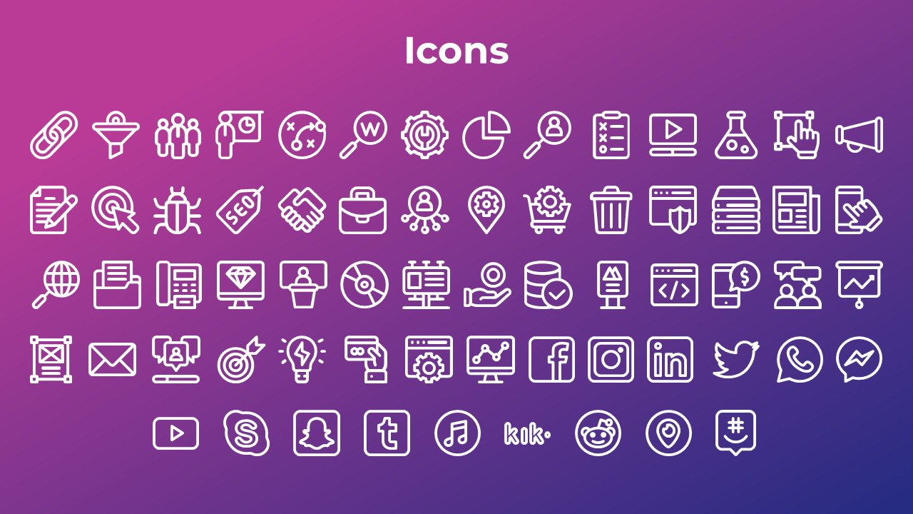 A set of white icons representing various business, technology, and social media concepts on a purple backdrop.