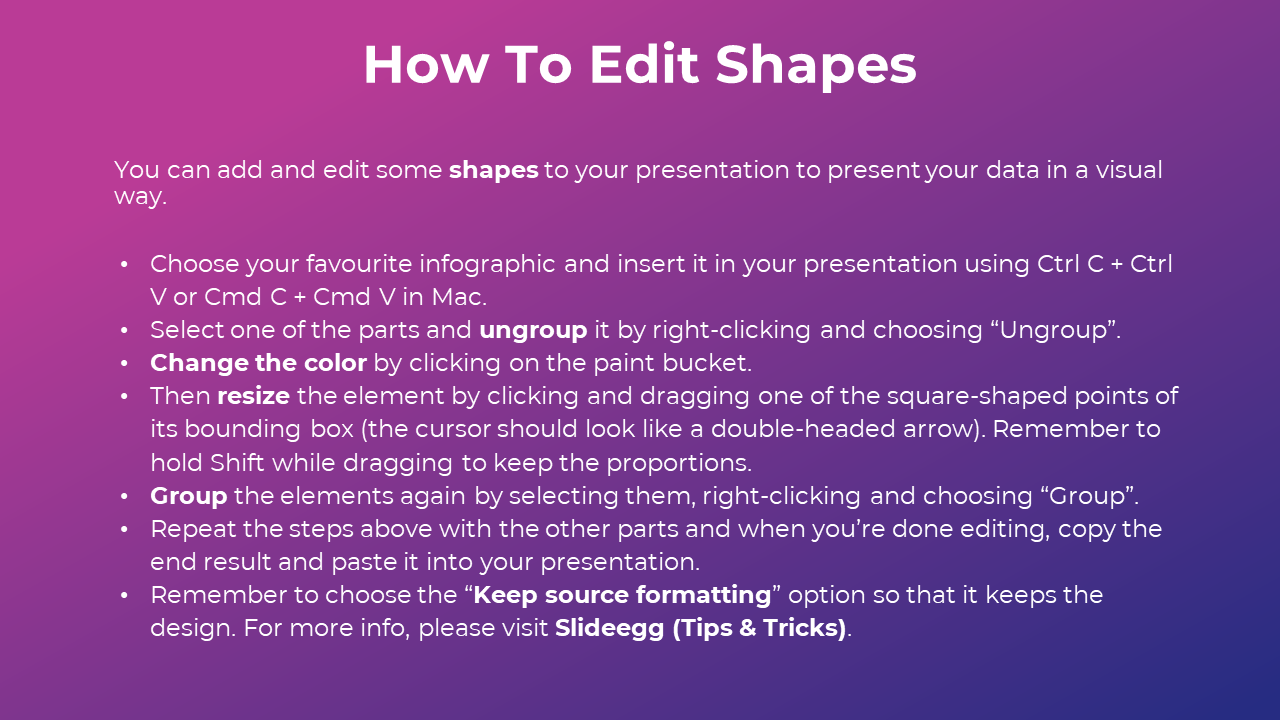 A slide showing instructions for editing shapes in PPT, including steps to copy, ungroup, and group elements in purple theme.