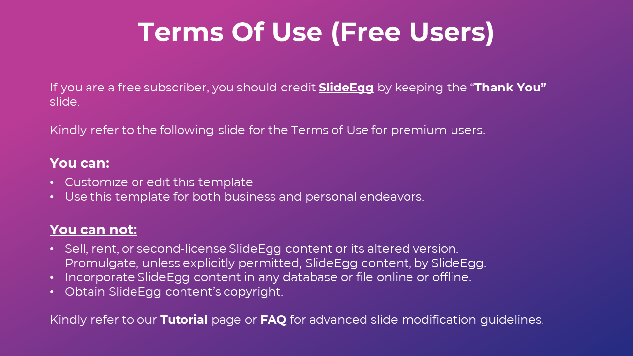 Slide outlining the terms of use for free subscribers of SlideEgg, including rules about editing in purple theme.