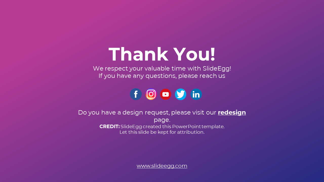 SlideEgg thank you slide, providing social media links and instructions for design requests on a purple backdrop.