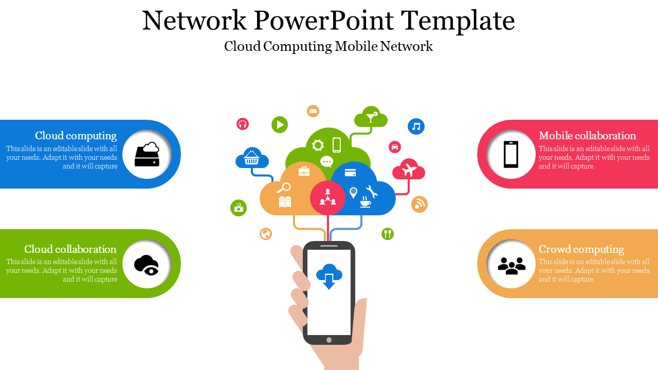 A colorful network PowerPoint template featuring icons representing various network services on a white background.