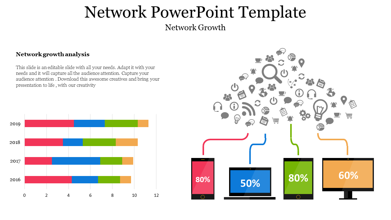 Network growth analysis PowerPoint slide showing colorful bar graphs for 2016 to 2019 and percentage values with icons.