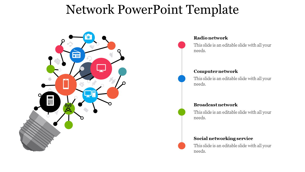 PowerPoint template showing a colorful lightbulb icon connected to various network types on a white backdrop.