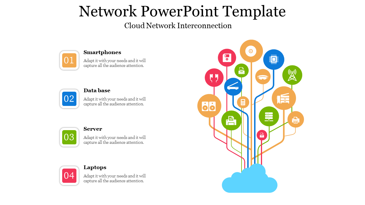 Network PowerPoint template illustrating cloud connections to various devices with colorful icons and text on a white theme.