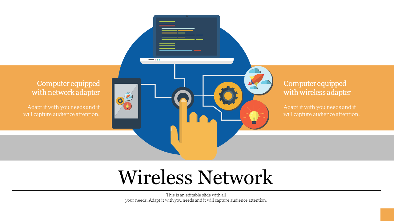 Diagram illustrates a wireless network featuring a laptop, smartphone, and colorful icons connected by lines in orange theme.