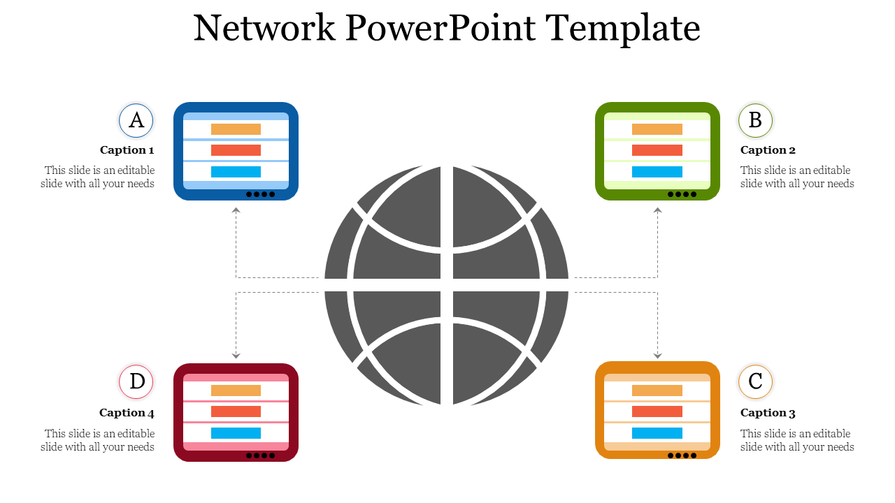 Network PPT slide featuring captions A, B, C, and D surrounding a globe with colorful network devices linked to it.