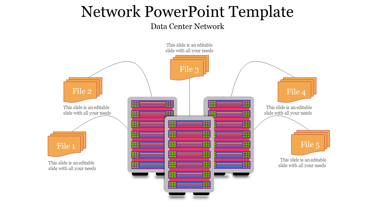 Colorful network PowerPoint template showcasing a data center network with file storage connections labeled File 1 through 5.