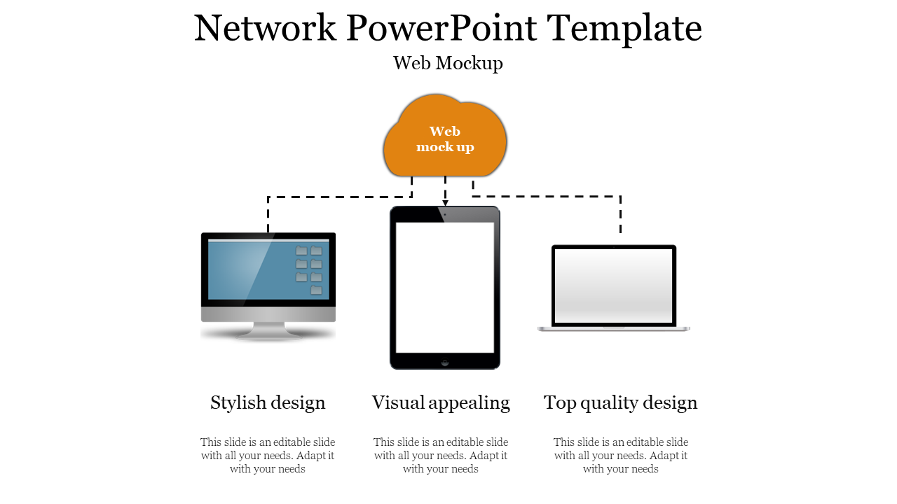 Network PPT slide with devices like a desktop, tablet, and laptop connected to a web mockup cloud symbol on a white theme.
