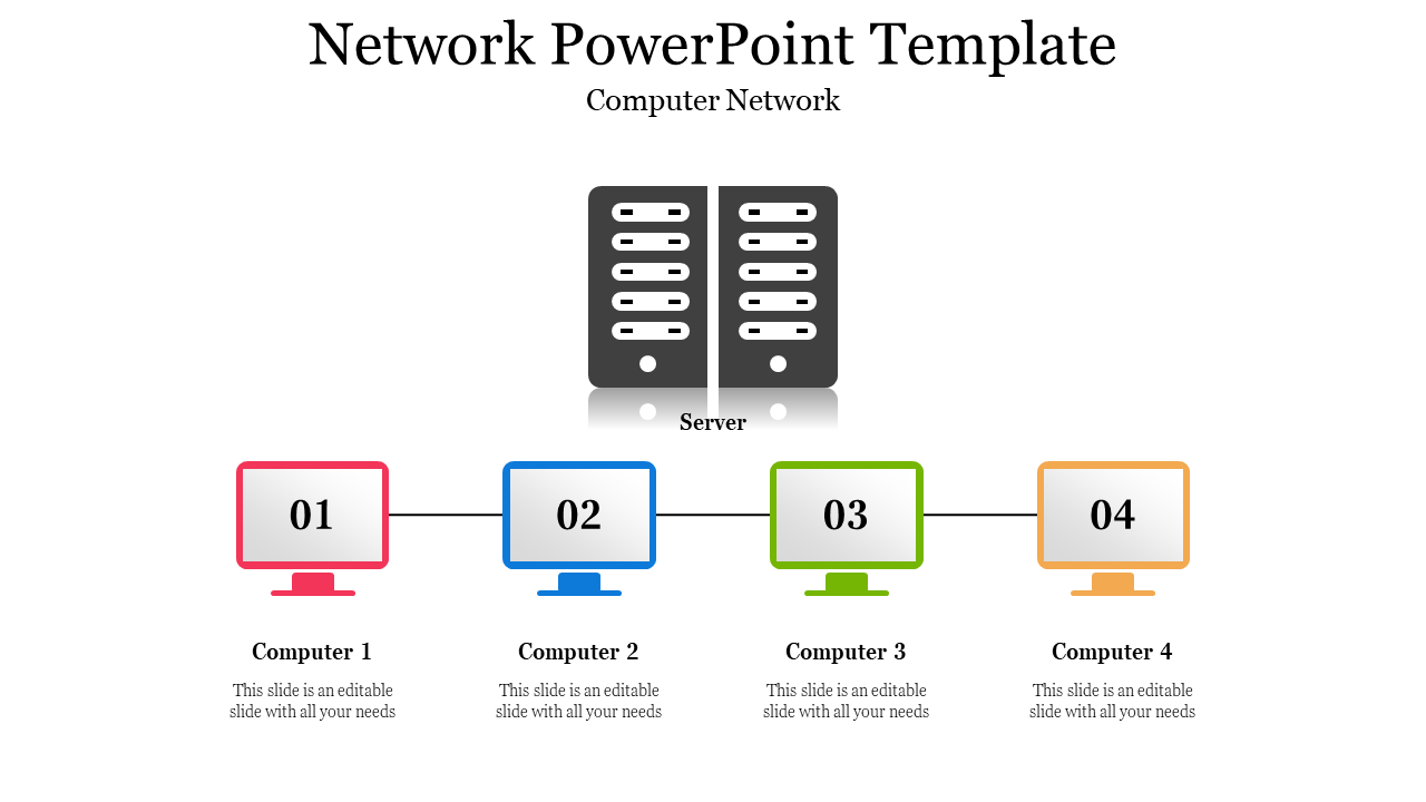 Network PPT slide with four color coded computers connected to a central server in a computer network setup in white theme.