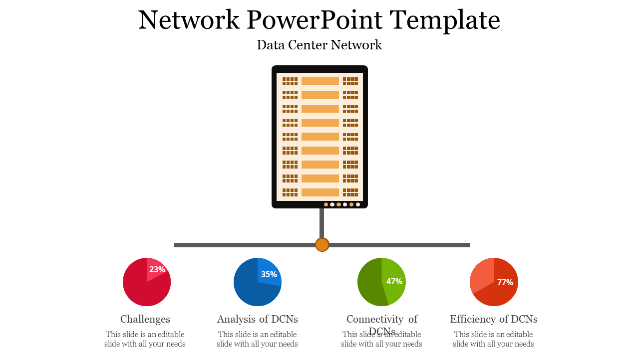 Network PowerPoint template showing a data center with four color coded circle sections on a white backdrop.