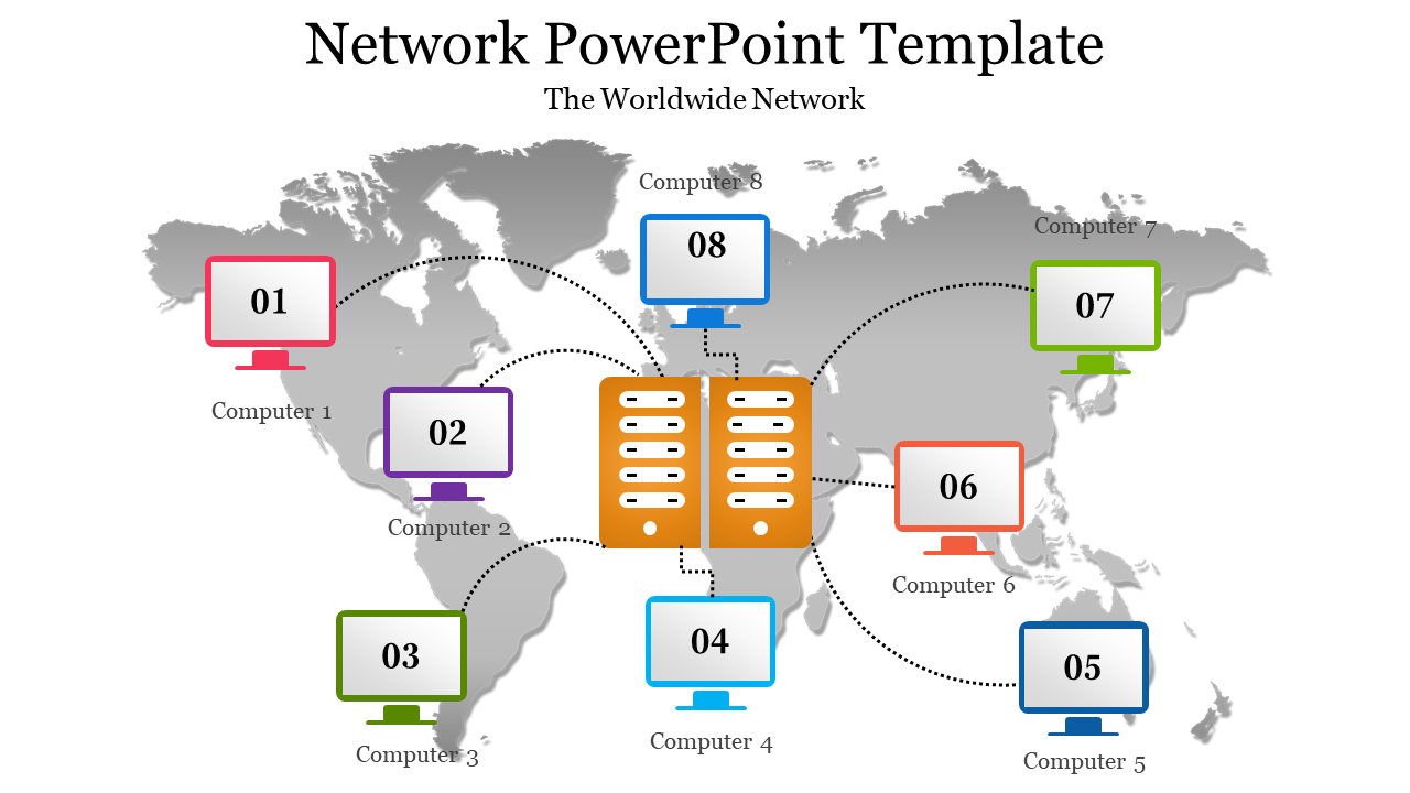 Worldwide network diagram showing eight computers connected to a central server, with geographical markers and dotted lines.