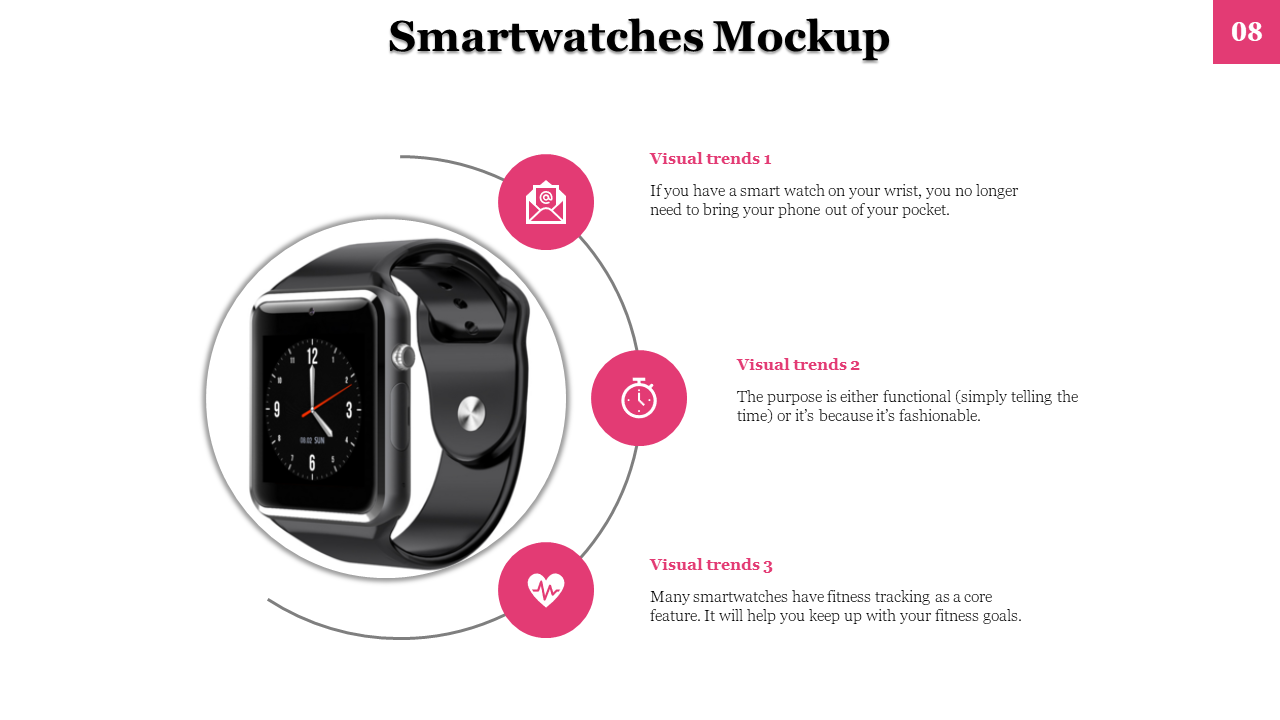 Black smartwatch mockup showing visual trends like functionality, fashion, and fitness tracking with pink icons.