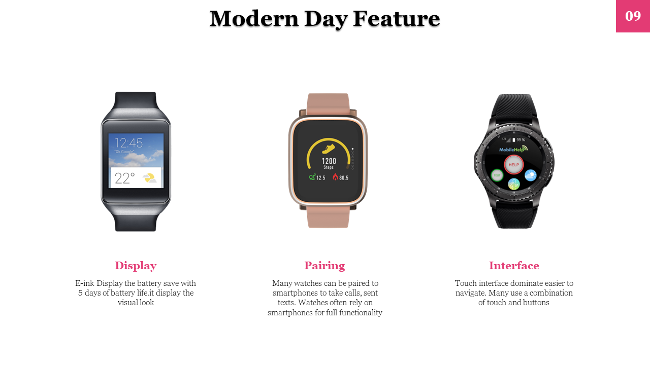 Colorful smartwatch display, pairing capabilities, and touch interface explained with different models in a white backdrop.