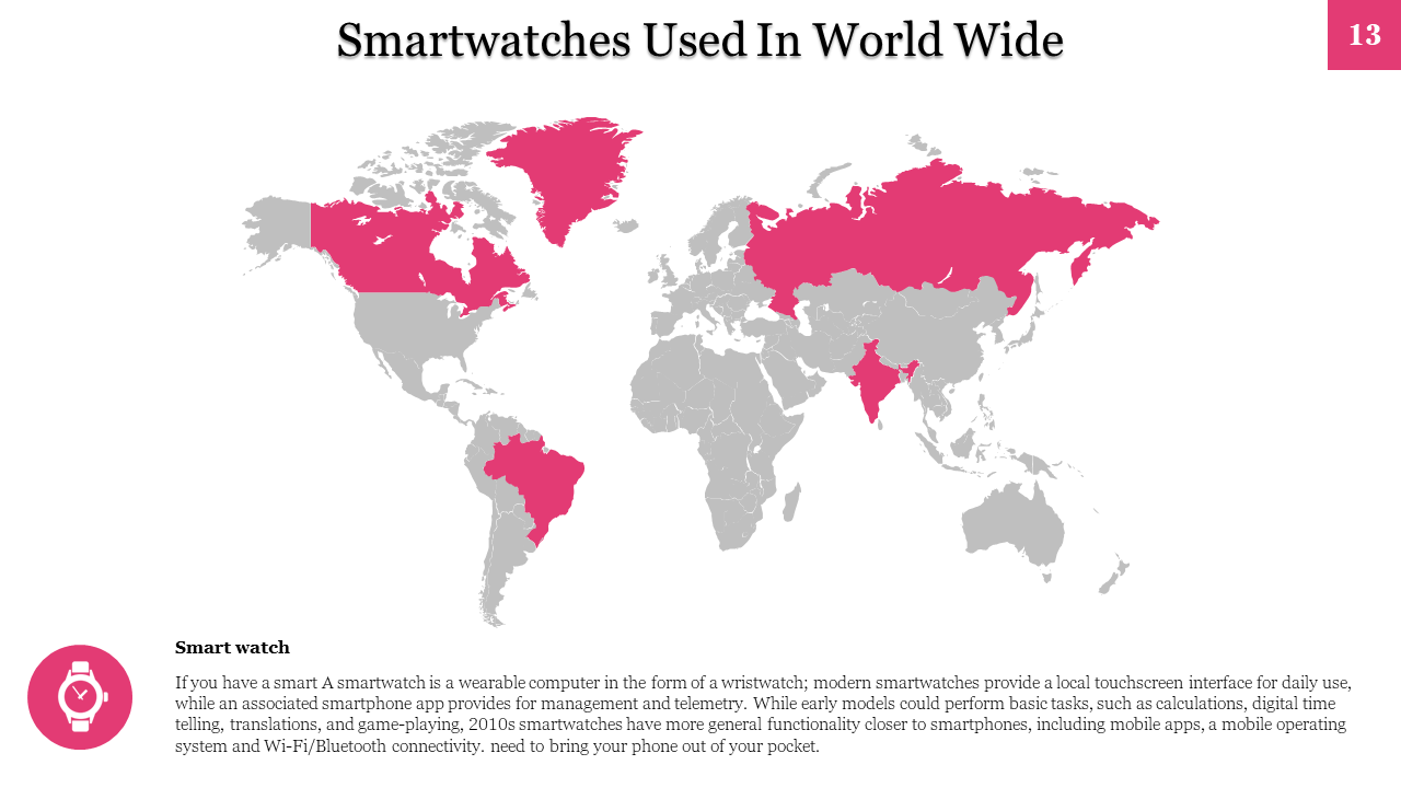 World map showing regions where smartwatches are used, highlighted in pink, with a description of smartwatch functionalities.