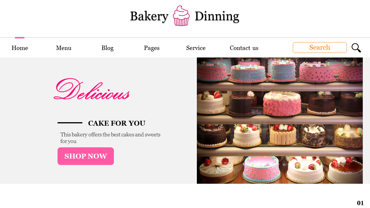 Bakery website page features delicious colorful cakes with a shop now button and text offering the best cakes and sweets.