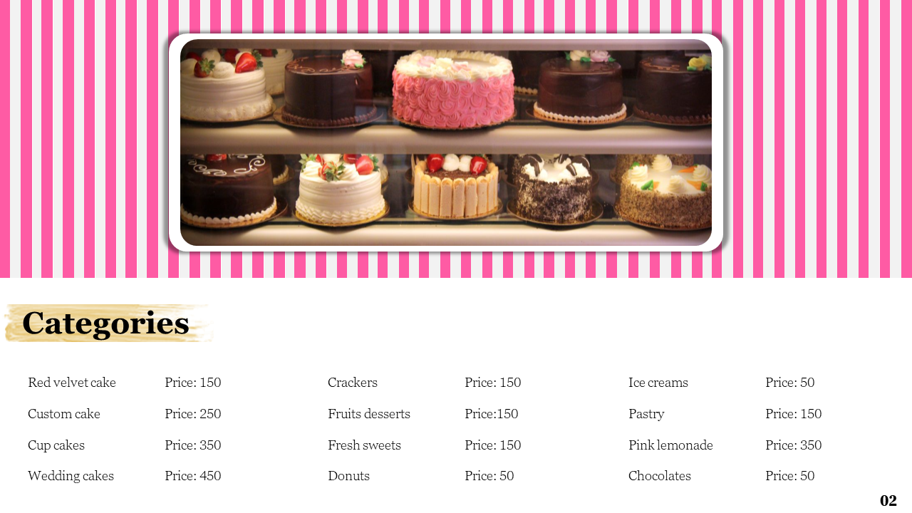 Bakery menu shows various categories like red velvet cakes, custom cakes, cupcakes, and wedding cakes, with prices listed.