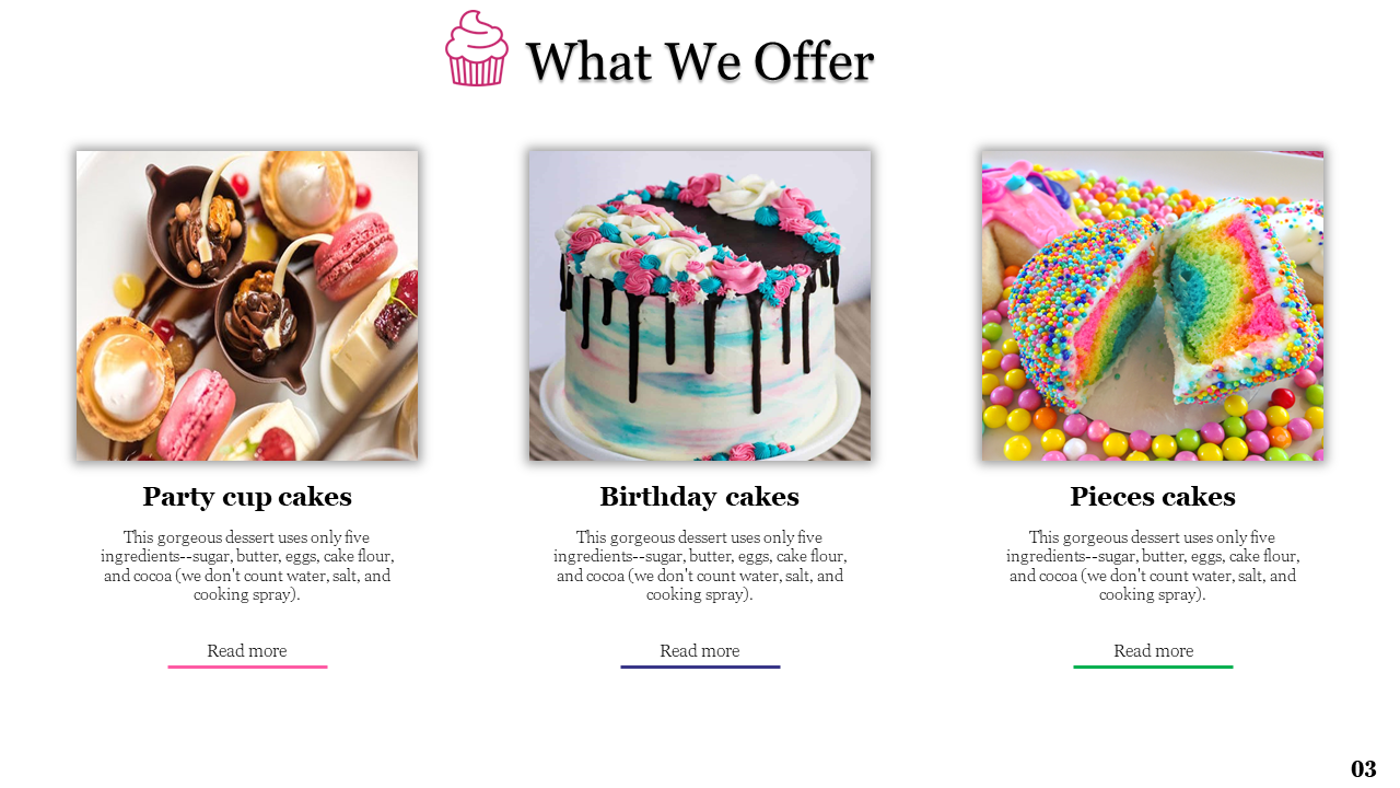 Bakery offerings with images of party cupcakes, birthday cakes, and pieces of cakes, each with a description of ingredients.