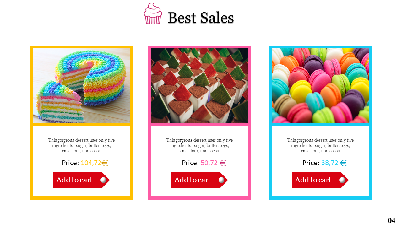 Bakery's best sales section features colorful desserts rainbow cakes, chocolate desserts, and macarons, with prices listed.