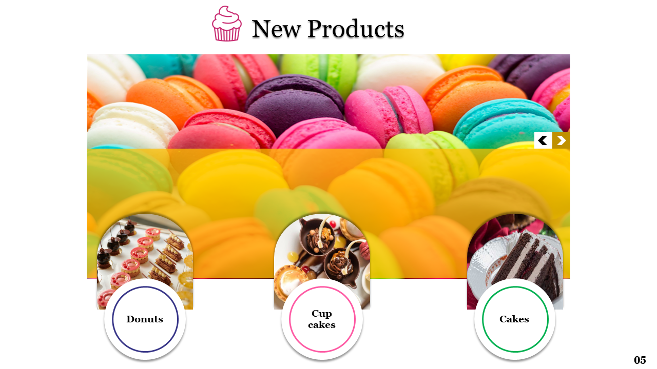 New bakery products carousel showcasing colorful macarons, with options for donuts, cupcakes, and cakes below.