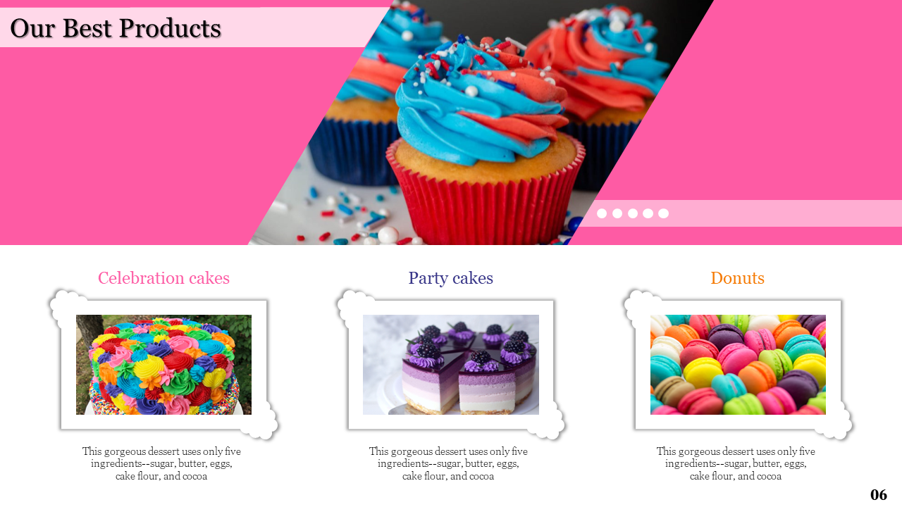 Bakery's best products page showcases celebration cakes, party cakes, and donuts, with ingredient details for each.
