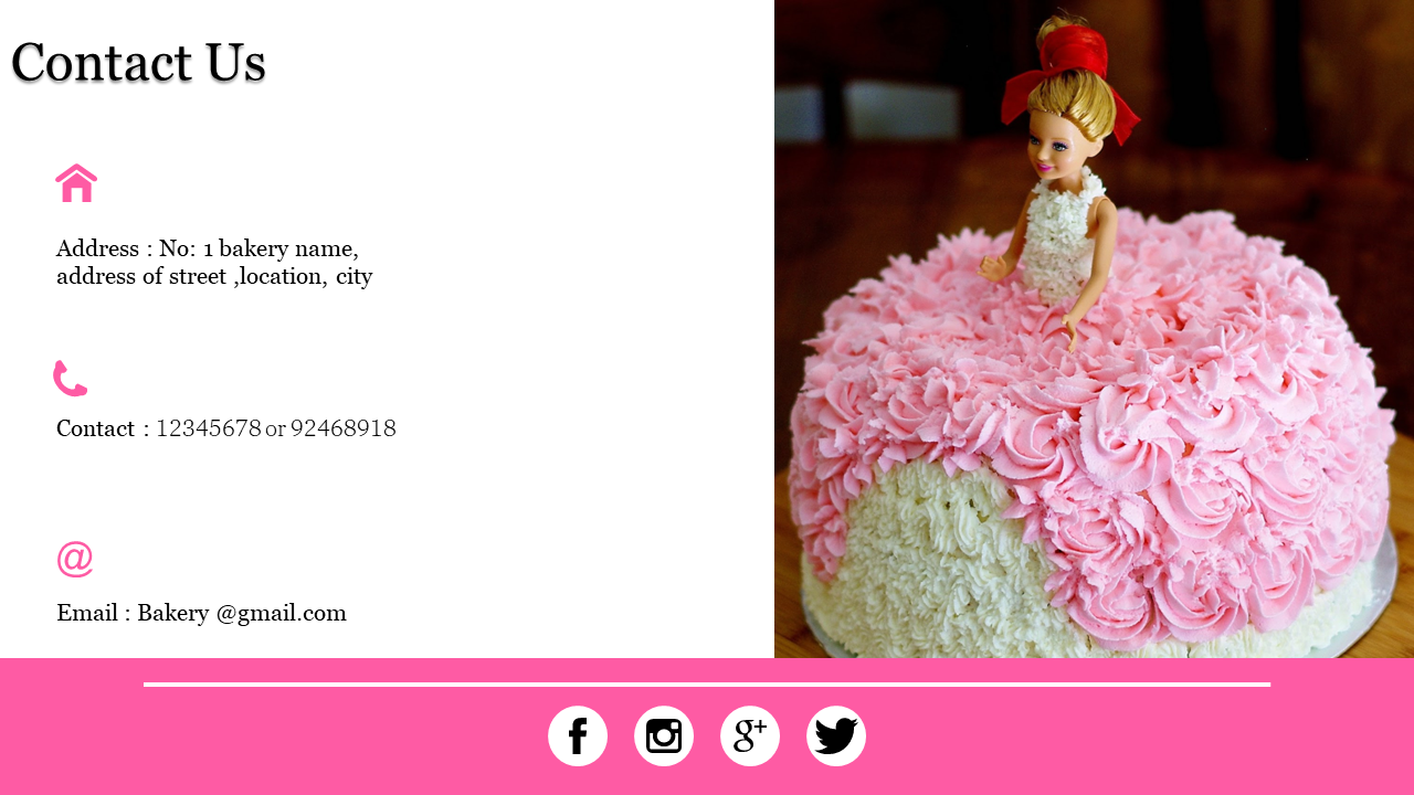 Contact us page featuring a Barbie cake with a pink frosting dress, with bakery contact details and social media links.