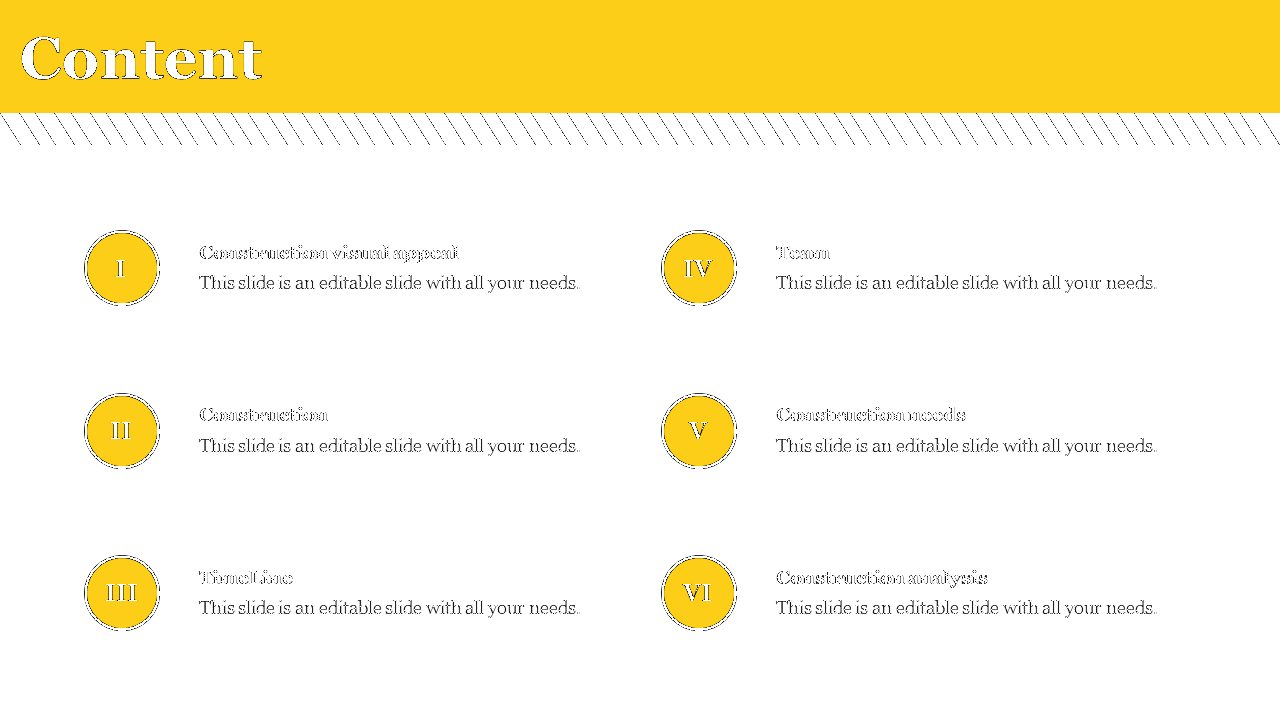 Content slide with a yellow construction banner, listing topics with numbered circles on a white backdrop.