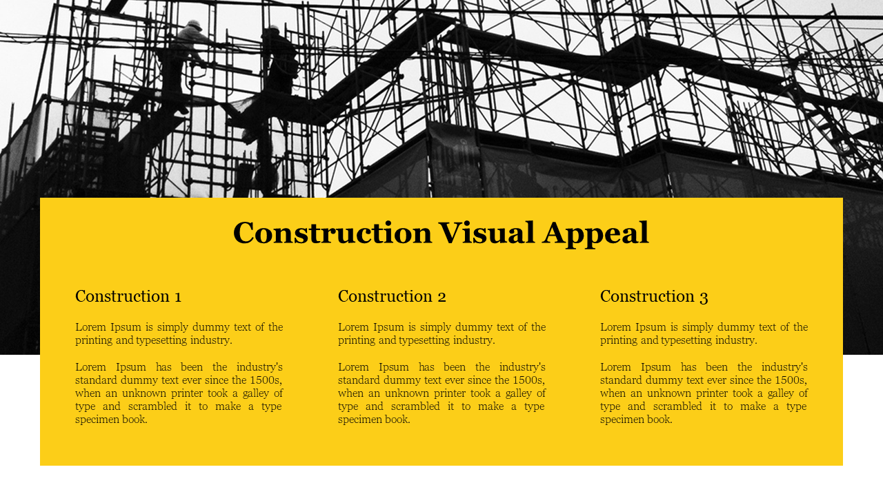 Yellow themed slide with three sections displaying construction topics, with a black and white image of a construction site.