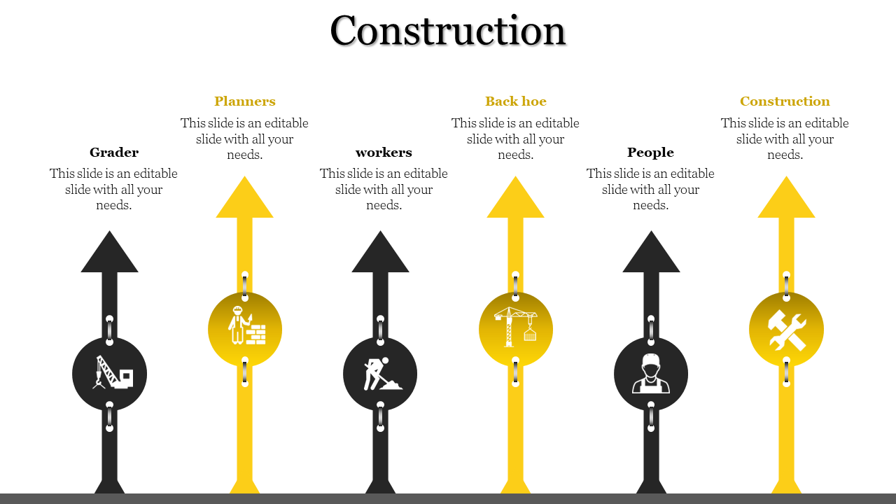 A slide showing a sequence of arrows in yellow and black, with labels for construction roles with placeholder text.
