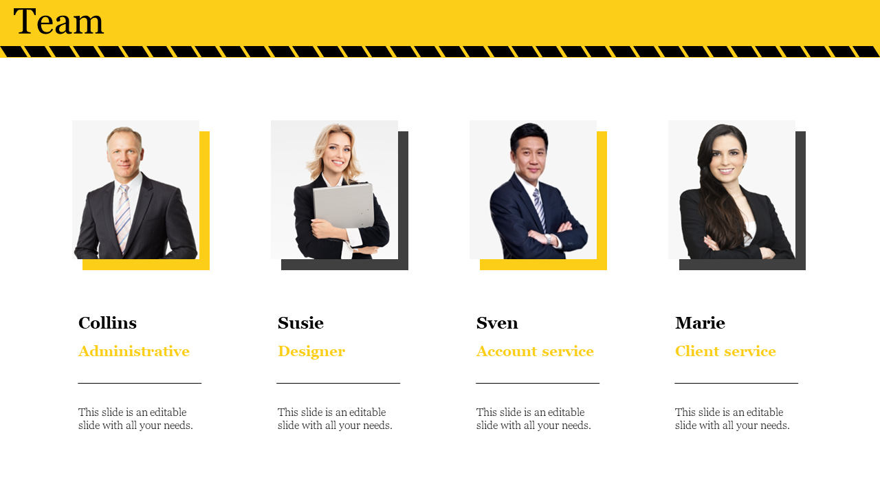 Team slide featuring four members Collins, Susie, Sven, and Marie on a white backdrop.