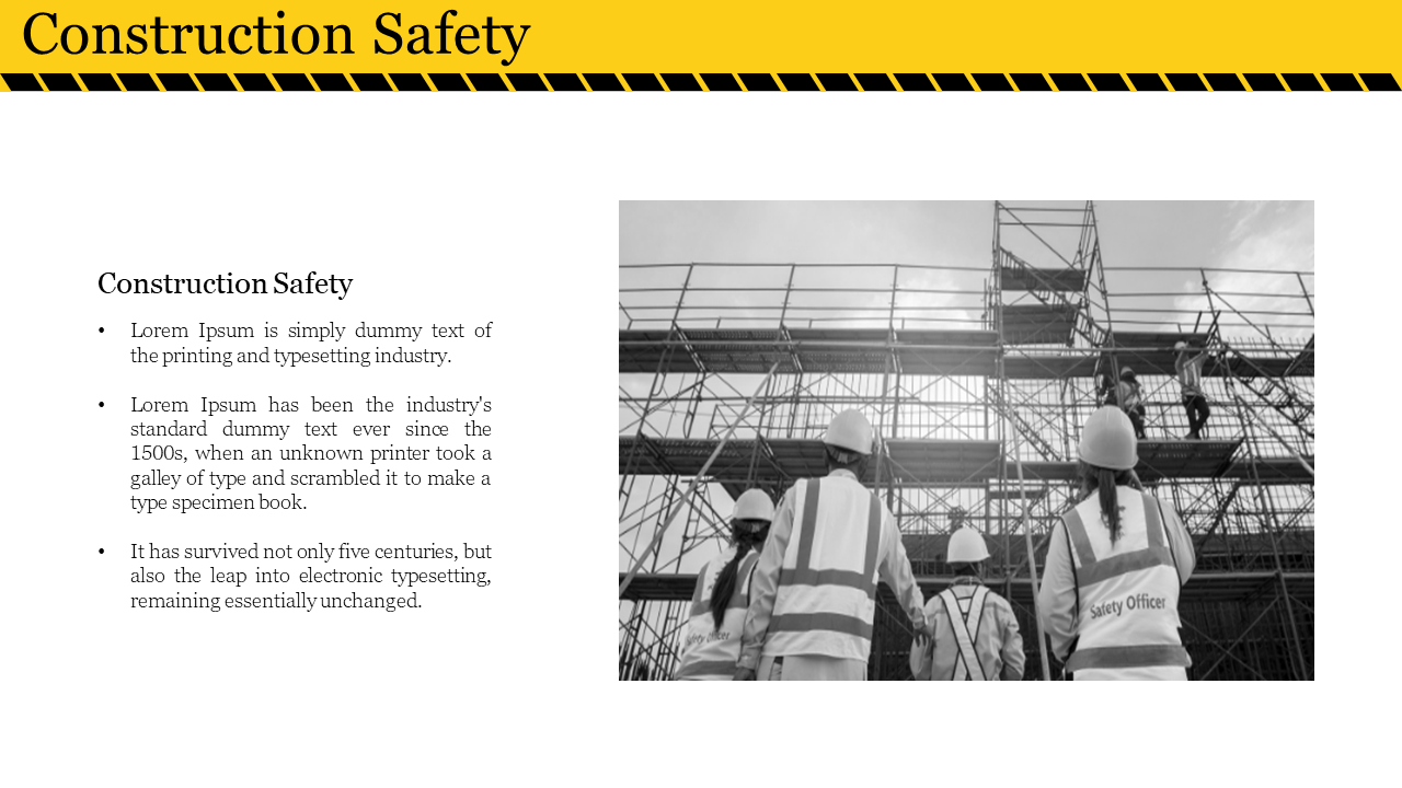 Construction safety slide featuring workers in helmets on scaffolding with text discussing construction safety standards.
