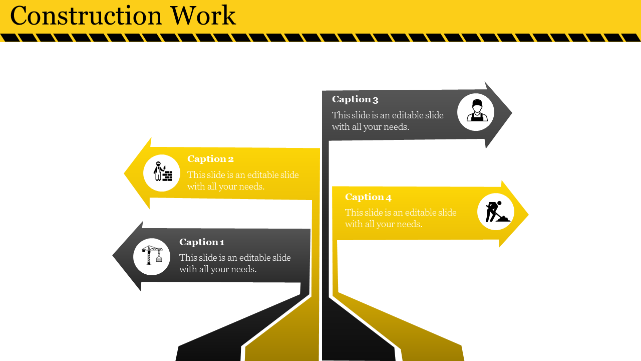 Construction work slide showing 4 colored sections with arrows, each representing a different stage with icons and captions.