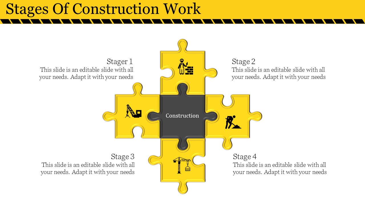 Slide featuring yellow and black puzzle pieces for each stage of construction with icons and descriptions on a white theme.