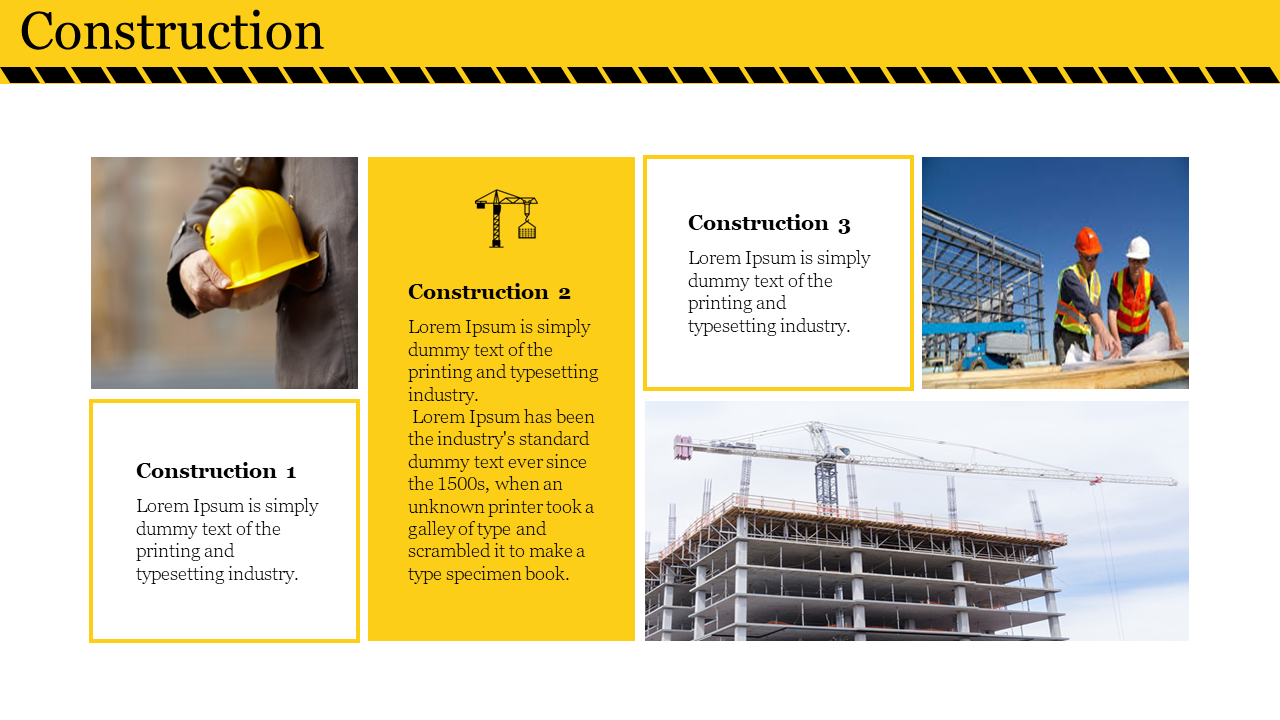 Slide with three construction sections with a worker's helmet, a crane, and a team on site in the white and yellow backdrop.